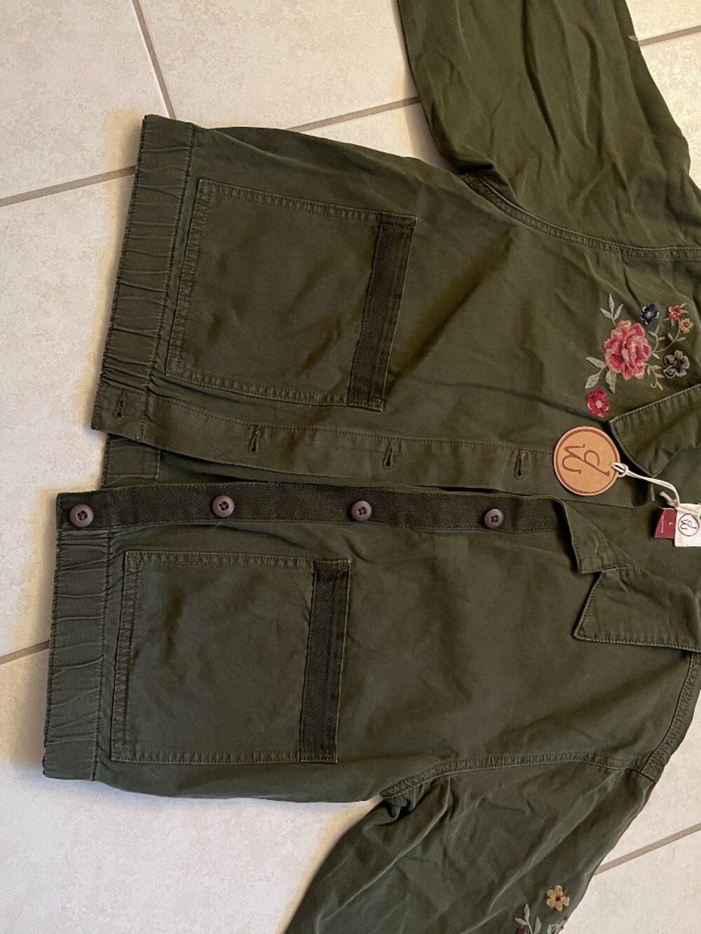 Driftwood Olive Green Floral Embroidered NWT Utility Jacket, Size: L